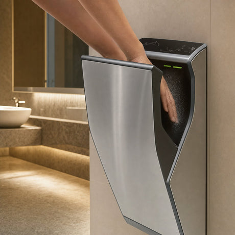 Hands inserted into the jet hand dryer slot in a modern washroom, water being blown off