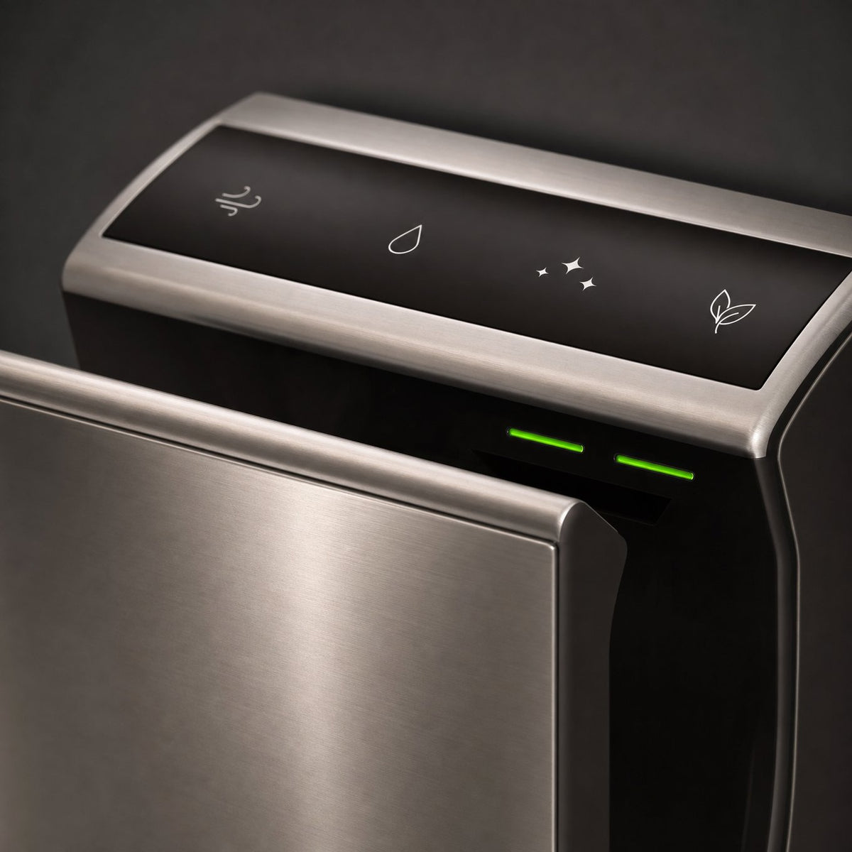 Close-up of the touch control panel and green indicator lights on the stainless steel jet hand dryer