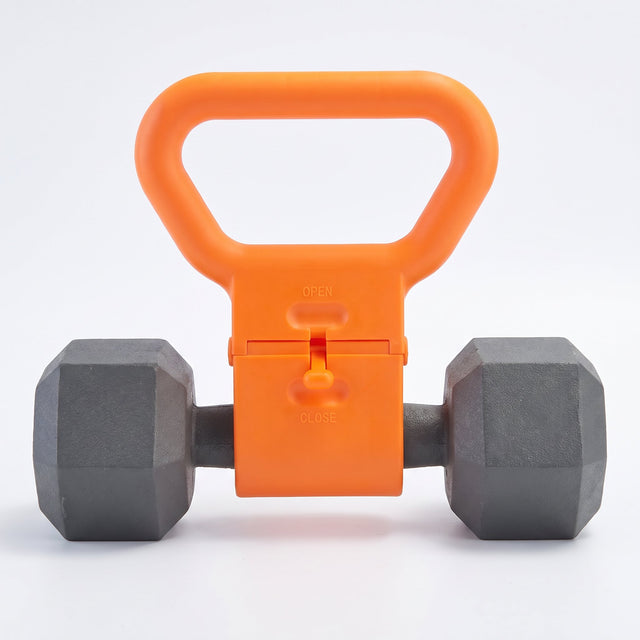 Kettlebell grip adapter clamped onto a dumbbell - converts dumbbell to kettlebell