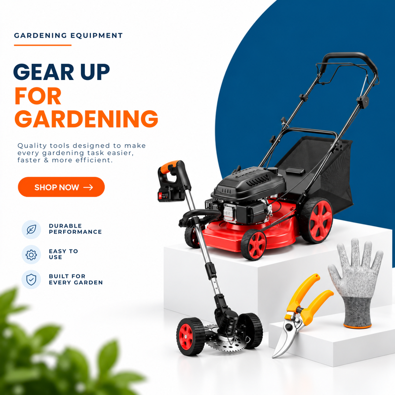 Gardening equipment - lawn mower, trimmer and garden tools