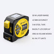 Laser meter features - 50m laser range, 2mm accuracy, 5m steel tape, backlit LCD, area and volume modes