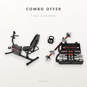 Combo offer: exercise bike with backrest and 15kg dumbbell set