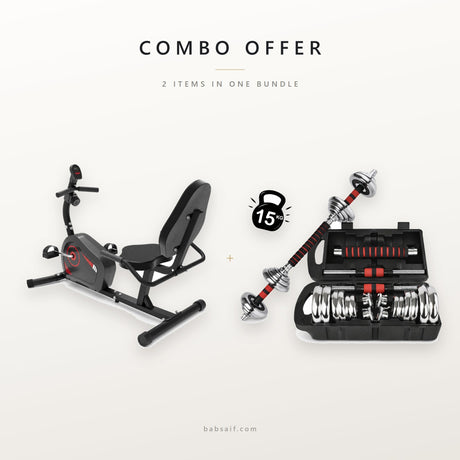 Combo offer: exercise bike with backrest and 15kg dumbbell set