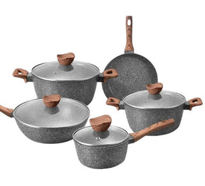 Non-Stick Cookware Set Premium - 9-Piece Aluminum Alloy with Wooden Handles - BAS Kuwait Bab Al Saif Grey Standard 