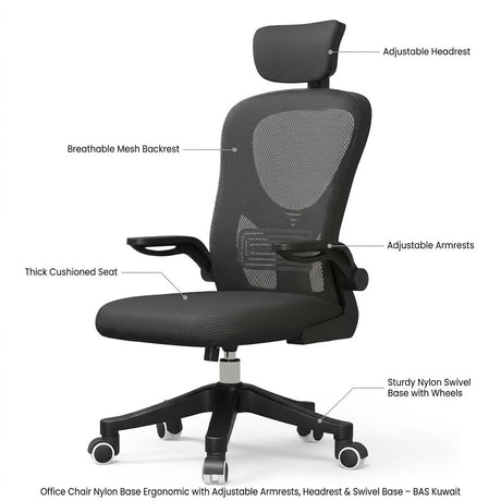 Office Chair Nylon Base Ergonomic with Adjustable Armrests, Headrest & Swivel Base – BAS Kuwait Bab Al Saif 