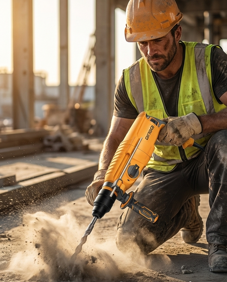 Construction worker using a drill with text about product features.