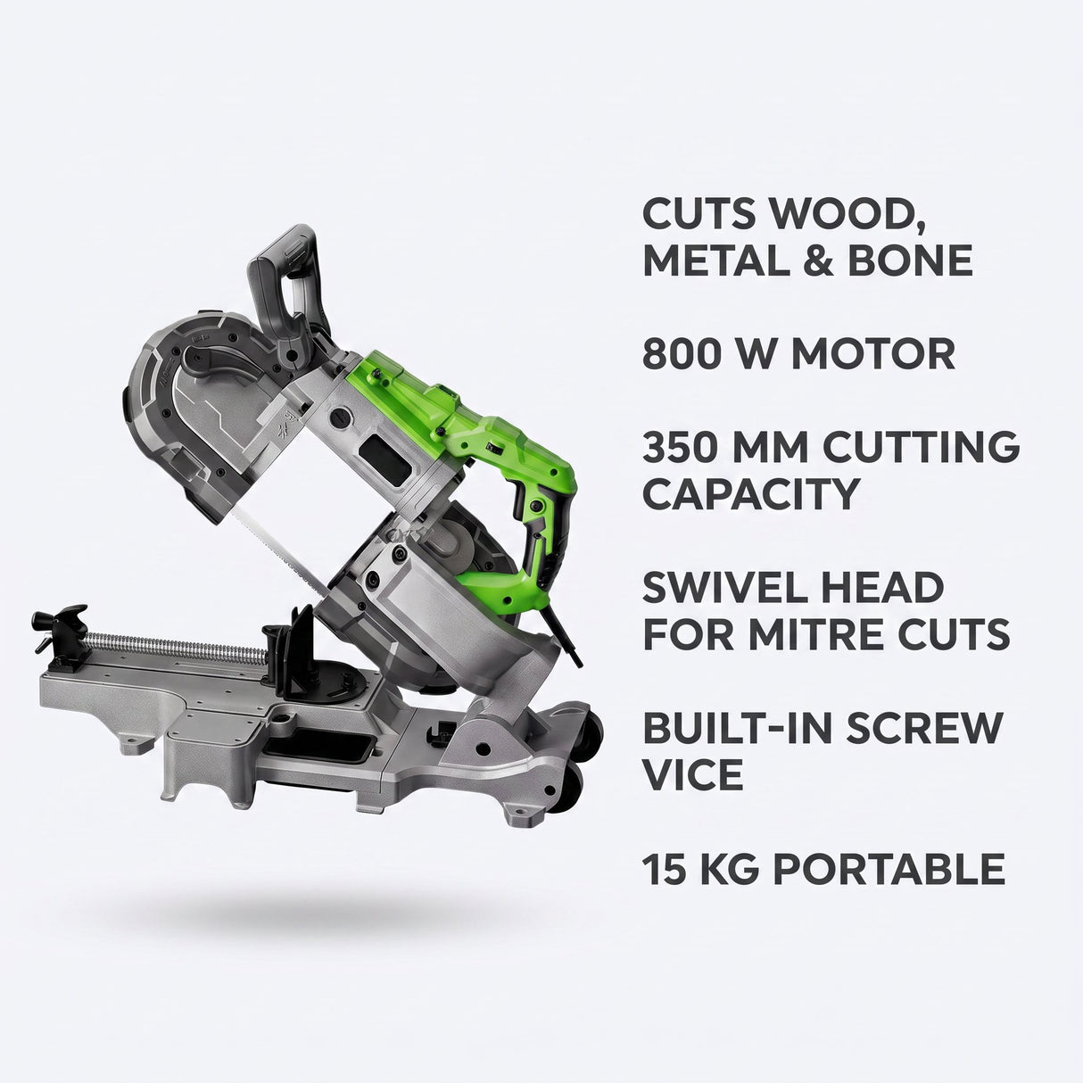 Band saw features - cuts wood metal and bone, 800W motor, 350mm capacity, swivel head, screw vice, 15kg