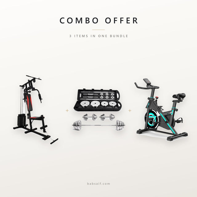 Combo offer: multifunctional gym station, 50kg dumbbell set and commercial spin bike