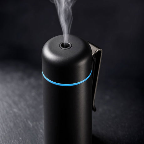 Close up of black mini aroma diffuser mist nozzle, blue LED ring and metal vent clip