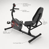 Recumbent exercise bike features - LCD monitor, hand pulse sensors, padded backrest, magnetic resistance, transport wheels