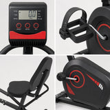Close-up details of the recumbent exercise bike - LCD console, pedal strap, padded seat and backrest, resistance tension knob