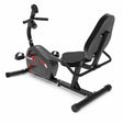 Recumbent exercise bike with padded backrest and LCD monitor, black and red, white background - BAS Kuwait