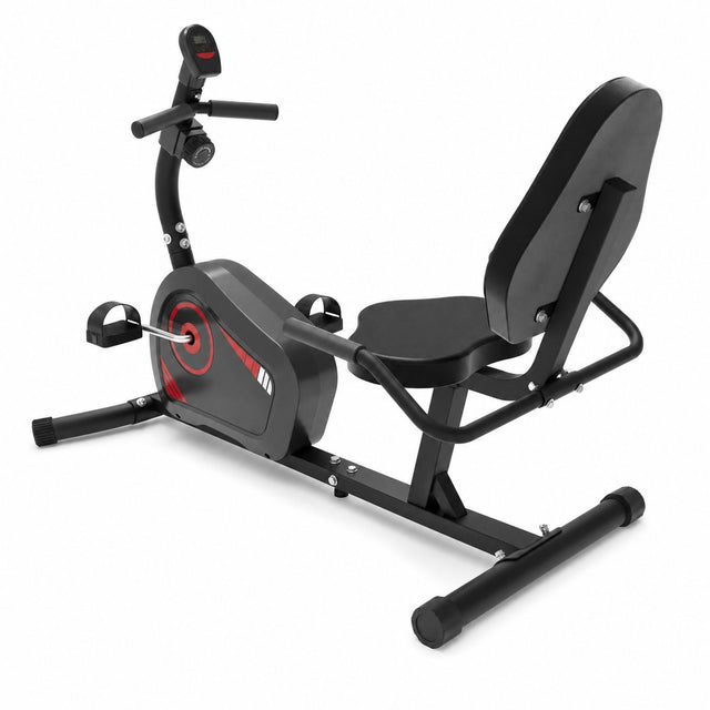 Recumbent exercise bike with padded backrest and LCD monitor, black and red, white background - BAS Kuwait
