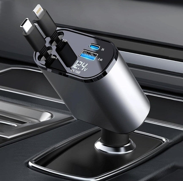 Retractable Car Charger 4 in 1 Fast Car Phone Charger 120W Retractable Cables and 2 USB Ports Car Charger Adapter - BAS Kuwait Bab Al Saif Grey Standard 