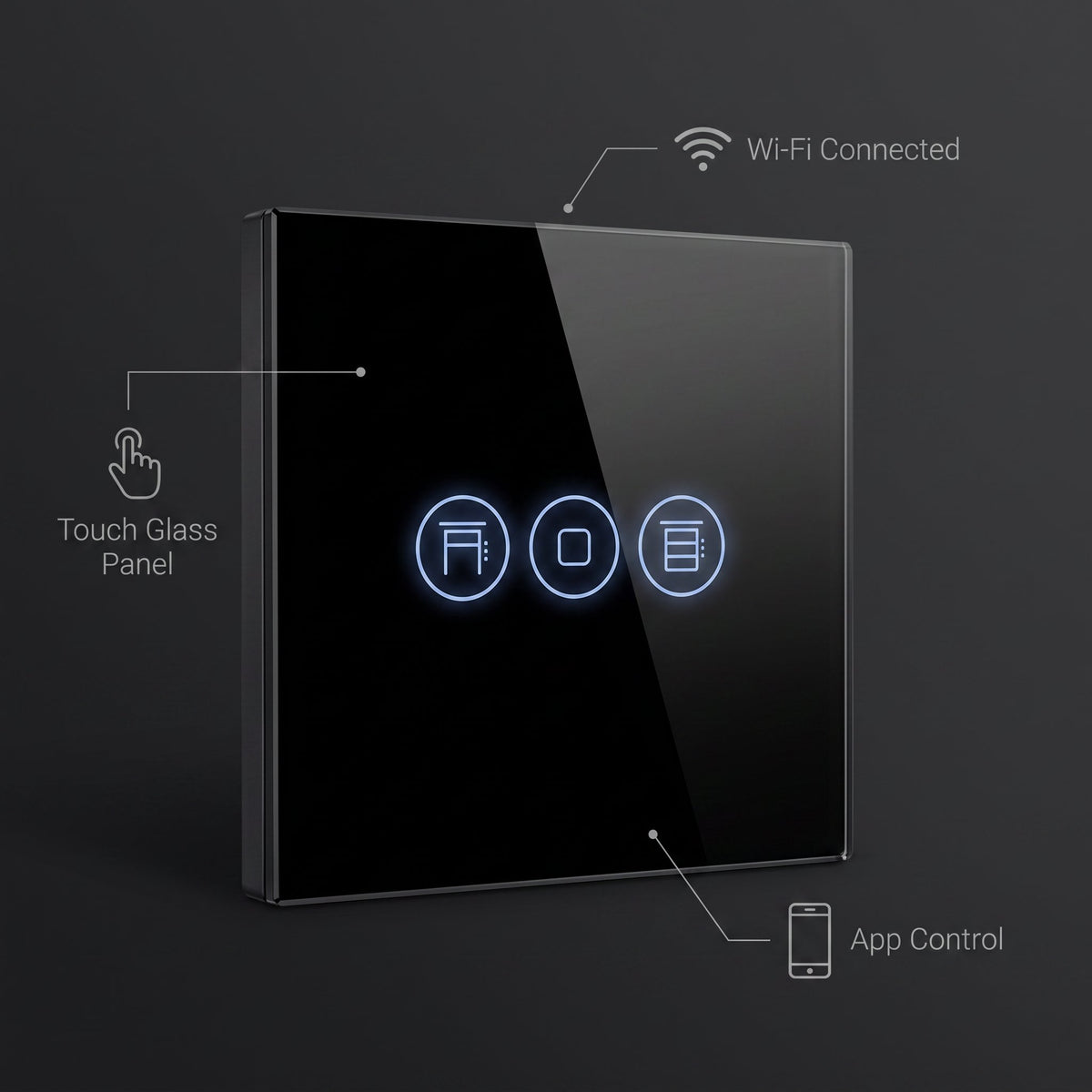 Roller shutter smart curtain switch features - touch glass panel, WiFi connected, app control