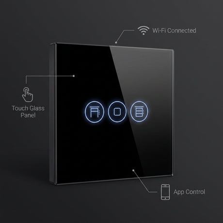 Roller shutter smart curtain switch features - touch glass panel, WiFi connected, app control