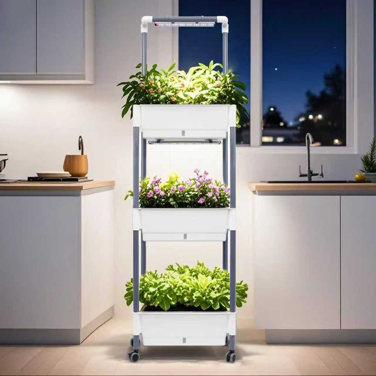 Self-Watering 3-Layer Indoor Gardening Rack with LED Grow Lights | Indoor Plants Growing System - BAS Kuwait Bab Al Saif 
