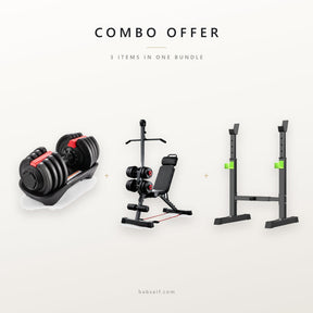 Combo offer: 3-in-1 adjustable set, gym bench with bar and squat rack