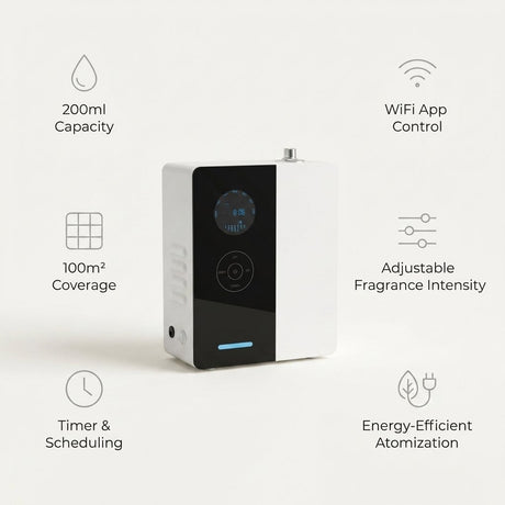 Smart Aroma Diffuser 200ml WiFi App Control – 100m² Coverage - BAS Kuwait Bab Al Saif 