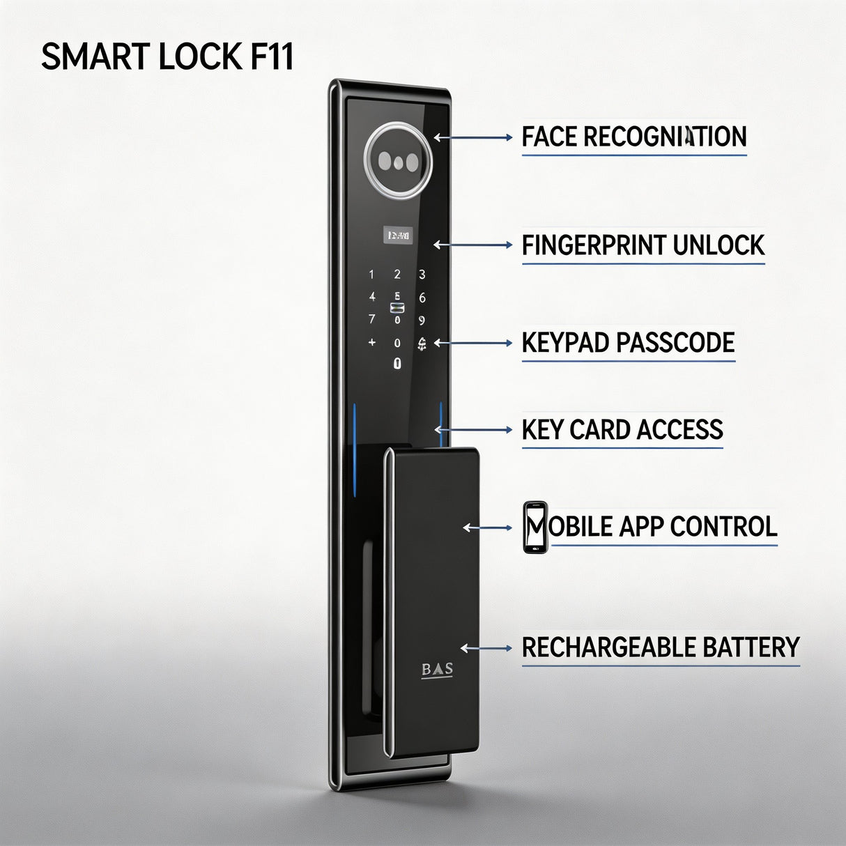 Smart Lock F11 - Keyless Entry - Face Recognition , Fingerprint, Pass code, key card, Mobile App Rechargeable Battery - BAS Kuwait Bab Al Saif 