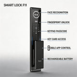 Smart Lock F11 - Keyless Entry - Face Recognition , Fingerprint, Pass code, key card, Mobile App Rechargeable Battery - BAS Kuwait Bab Al Saif 