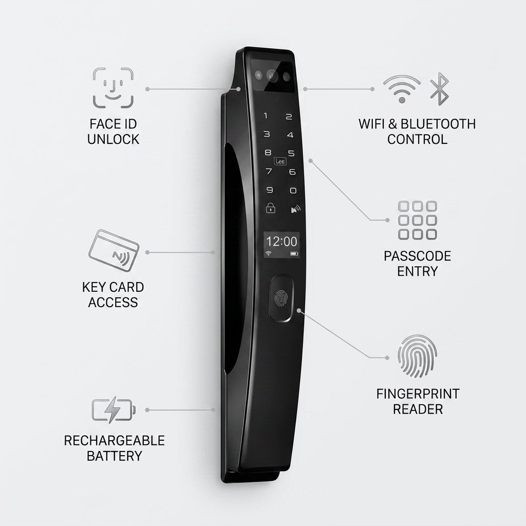 Smart Lock J03 - Keyless Entry - Face id, Fingerprint, Pass code, key card, Mobile App (Wifi & Bluetooth) Rechargeable Battery - BAS Kuwait Bab Al Saif 