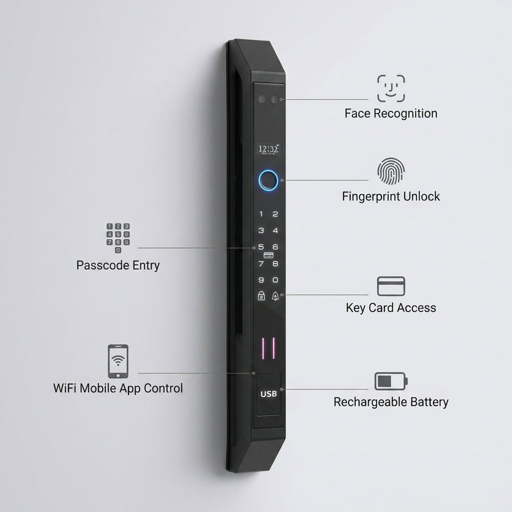 Smart Lock J04 - Keyless Entry - Face Recognition, Fingerprint, Pass code, key card, Mobile App (Wifi) Rechargeable Battery - BAS Kuwait Bab Al Saif 