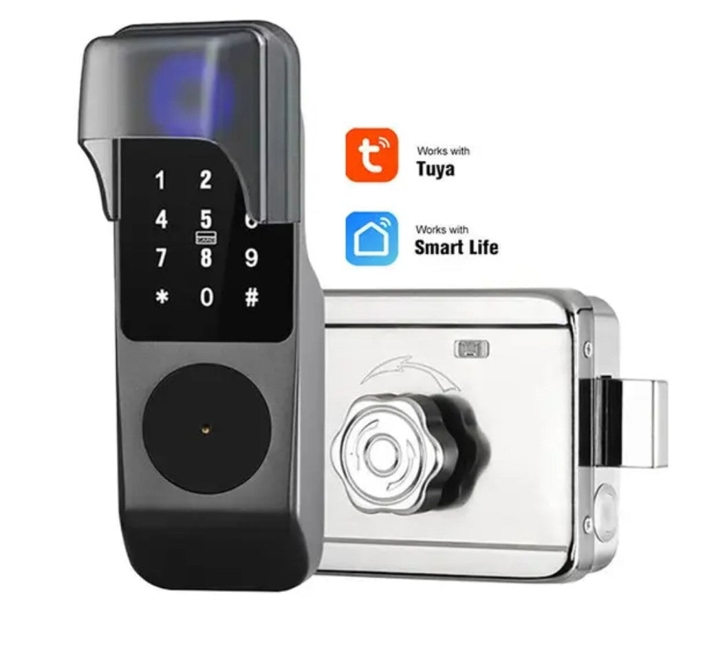 Smart Lock R06 Rim Lock - Keyless Entry - Fingerprint, Pass code, key card, Mobile App (Bluetooth) - BAS Kuwait Bab Al Saif Black Without Fitting 