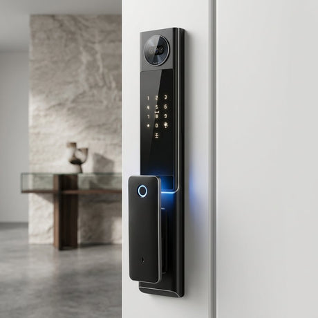 Smart Lock S09 – Dual Camera Face Recognition, Live Video Intercom, Fingerprint & Keycard | Humid And Waterproof | 6000MAH Battery - BAS Kuwait Bab Al Saif 