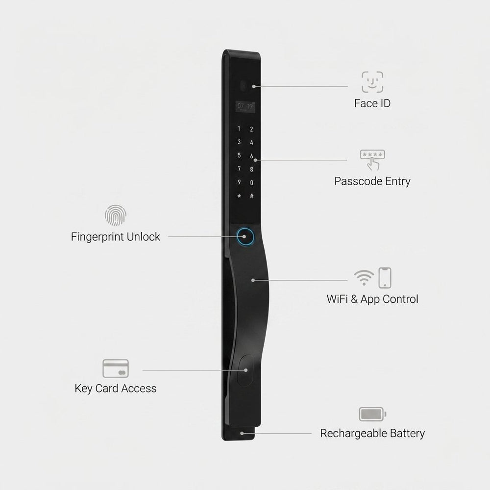 Smart Lock SL10 - Keyless Entry - Face id, Fingerprint, Pass code, key card, Mobile App (Wifi) Rechargeable Battery - BAS Kuwait Bab Al Saif 