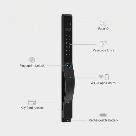 Smart Lock SL10 - Keyless Entry - Face id, Fingerprint, Pass code, key card, Mobile App (Wifi) Rechargeable Battery - BAS Kuwait Bab Al Saif 