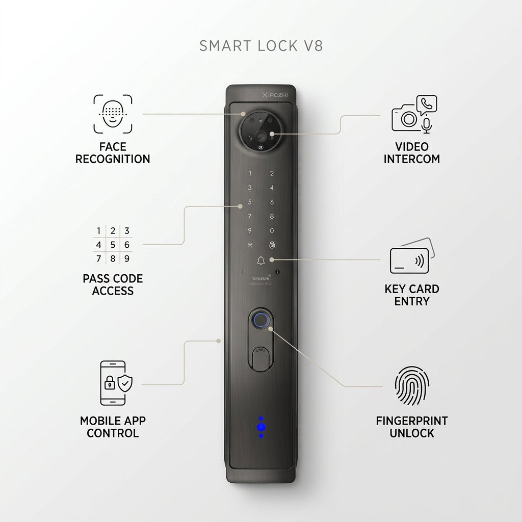 Smart Lock V8 - Keyless Entry - Face Recognition, Fingerprint, Pass code, key card, Mobile App , Video Intercom System - BAS Kuwait Bab Al Saif 