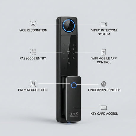 Smart Lock V9 - Keyless Entry - Face & Palm Recognition, Fingerprint, Pass code, key card, Mobile App (Wifi), Video Intercom System - BAS Kuwait Bab Al Saif 
