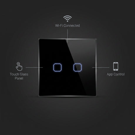 2 Gang smart switch features - touch glass panel, WiFi connected, app control