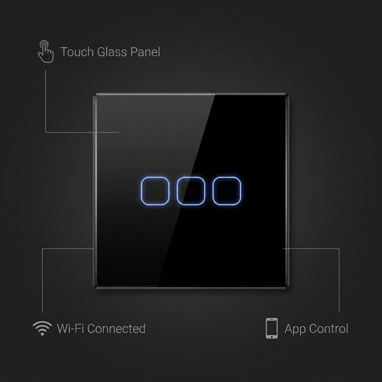 3 Gang smart switch features - touch glass panel, WiFi connected, app control