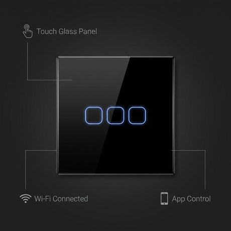 3 Gang smart switch features - touch glass panel, WiFi connected, app control