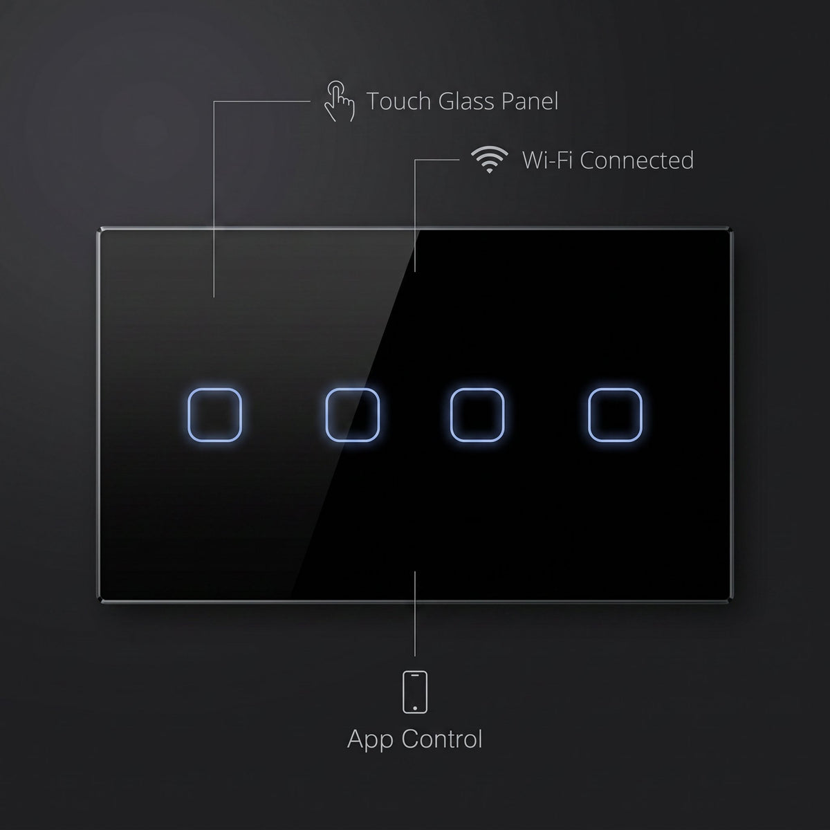 4 Gang smart switch features - touch glass panel, WiFi connected, app control