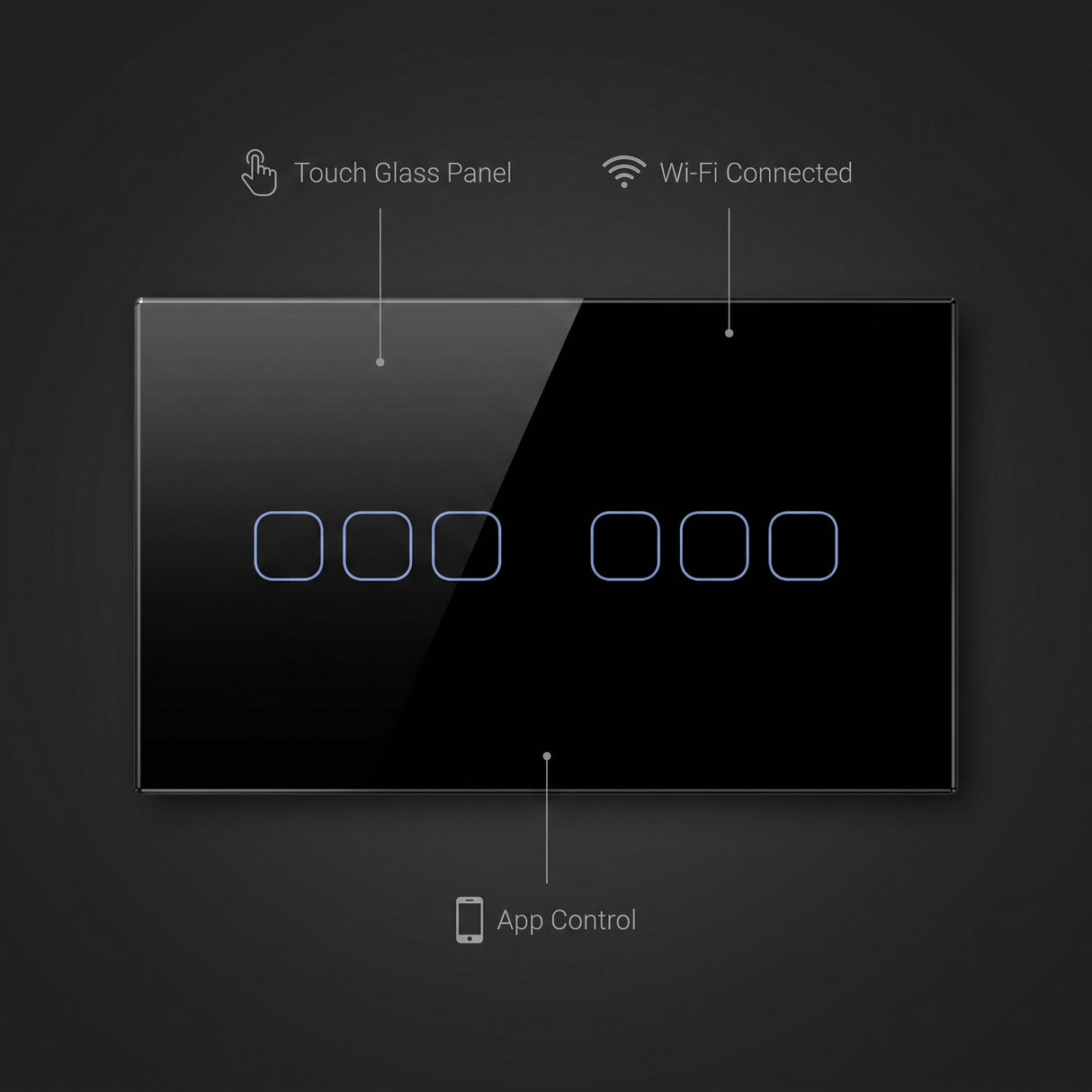 6 Gang smart switch features - touch glass panel, WiFi connected, app control