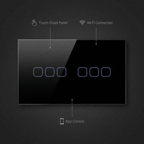 6 Gang smart switch features - touch glass panel, WiFi connected, app control