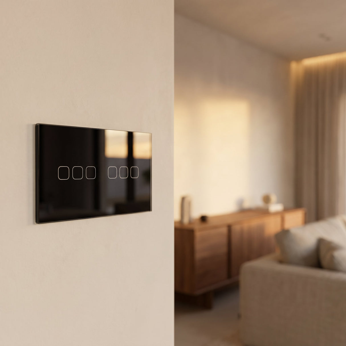 6 Gang black glass smart touch switch installed on a modern wall