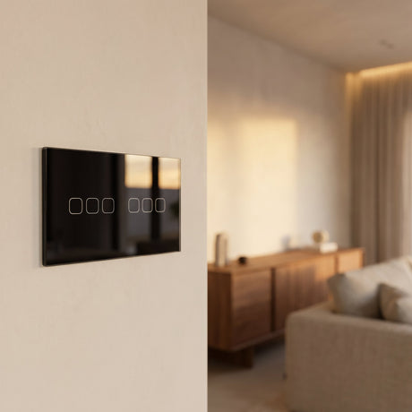 6 Gang black glass smart touch switch installed on a modern wall