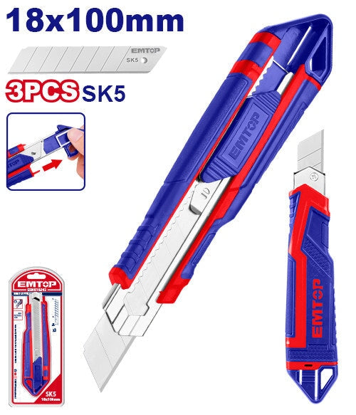 Snap-Off Blade Sharp Cutting Knife With Push Button 169mm Length EMTOP BRAND - BAS Kuwait Bab Al Saif Standard 18Mmx100Mm 