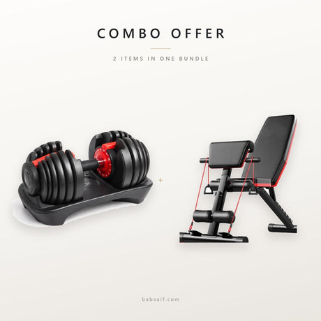 Combo offer: 24kg adjustable rubber dumbbell set and adjustable weight bench