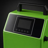 Close up of green steam cleaner control panel with LCD display and buttons