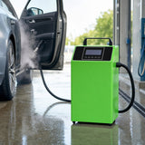 Portable car steam cleaner in a car wash bay with steam hose running to a vehicle