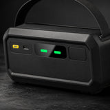 Close up of jump starter control panel showing USB-C input and green status indicator lights
