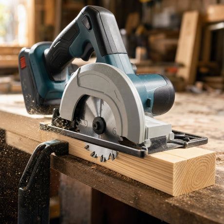 120mm TCT saw blade on a compact cordless circular saw cutting pine timber