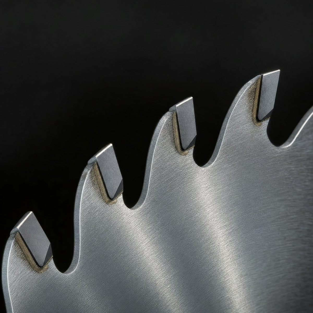 Close up of widely spaced carbide tipped teeth and deep gullets on a 24 tooth saw blade