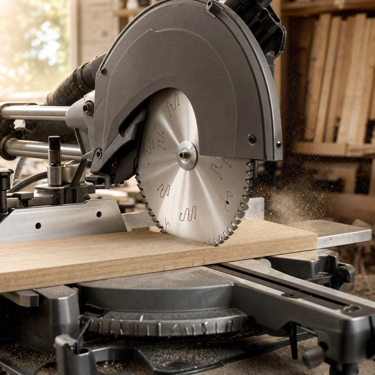 300mm TCT saw blade crosscutting oak timber on a sliding mitre saw