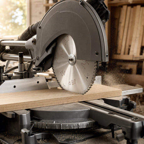 300mm TCT saw blade crosscutting oak timber on a sliding mitre saw